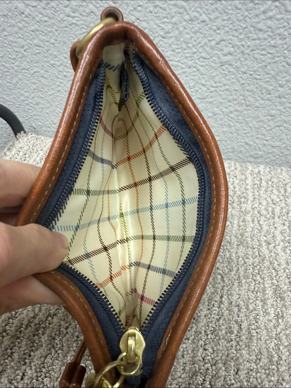 Vintage Coach Signature Blue Bleeker Tattersall and Brown Leather Wristlet